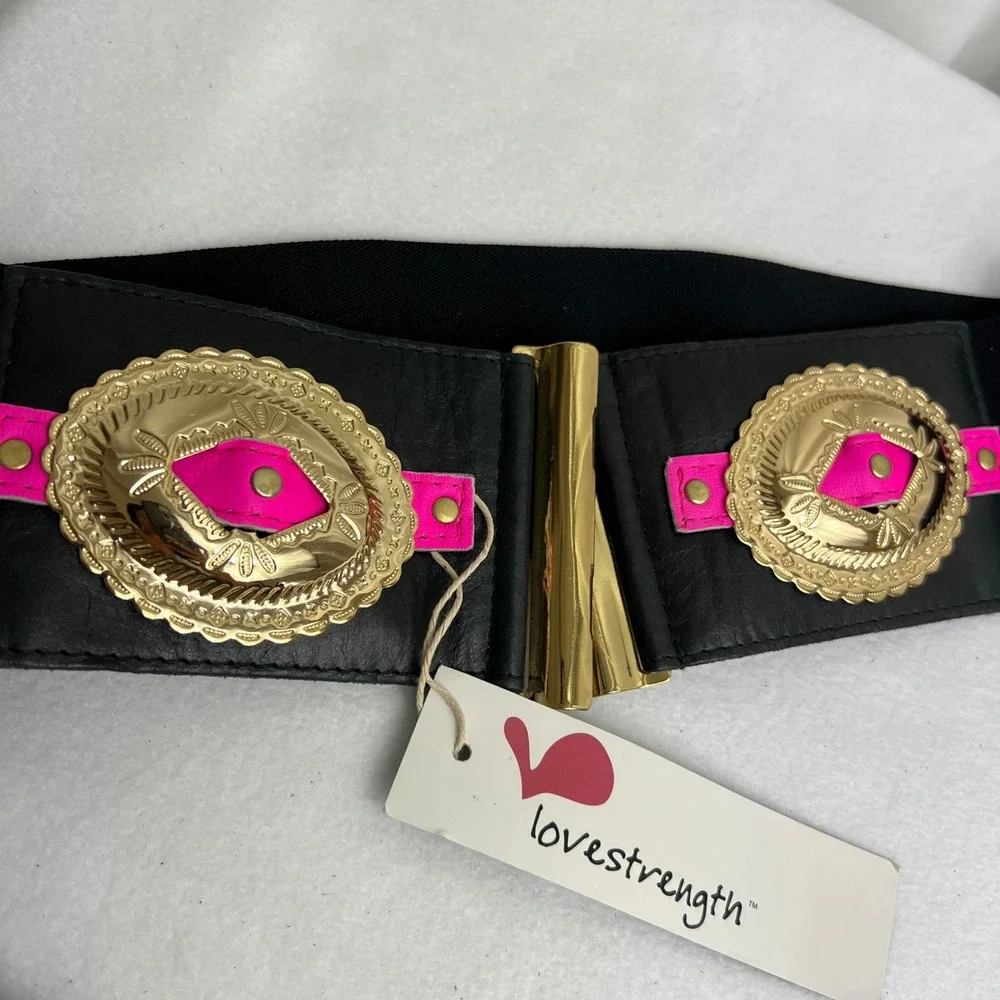 Lovestrength‎ Minx Belt Black Neon Pink Gold Concho Elastic Waist S112 NWT